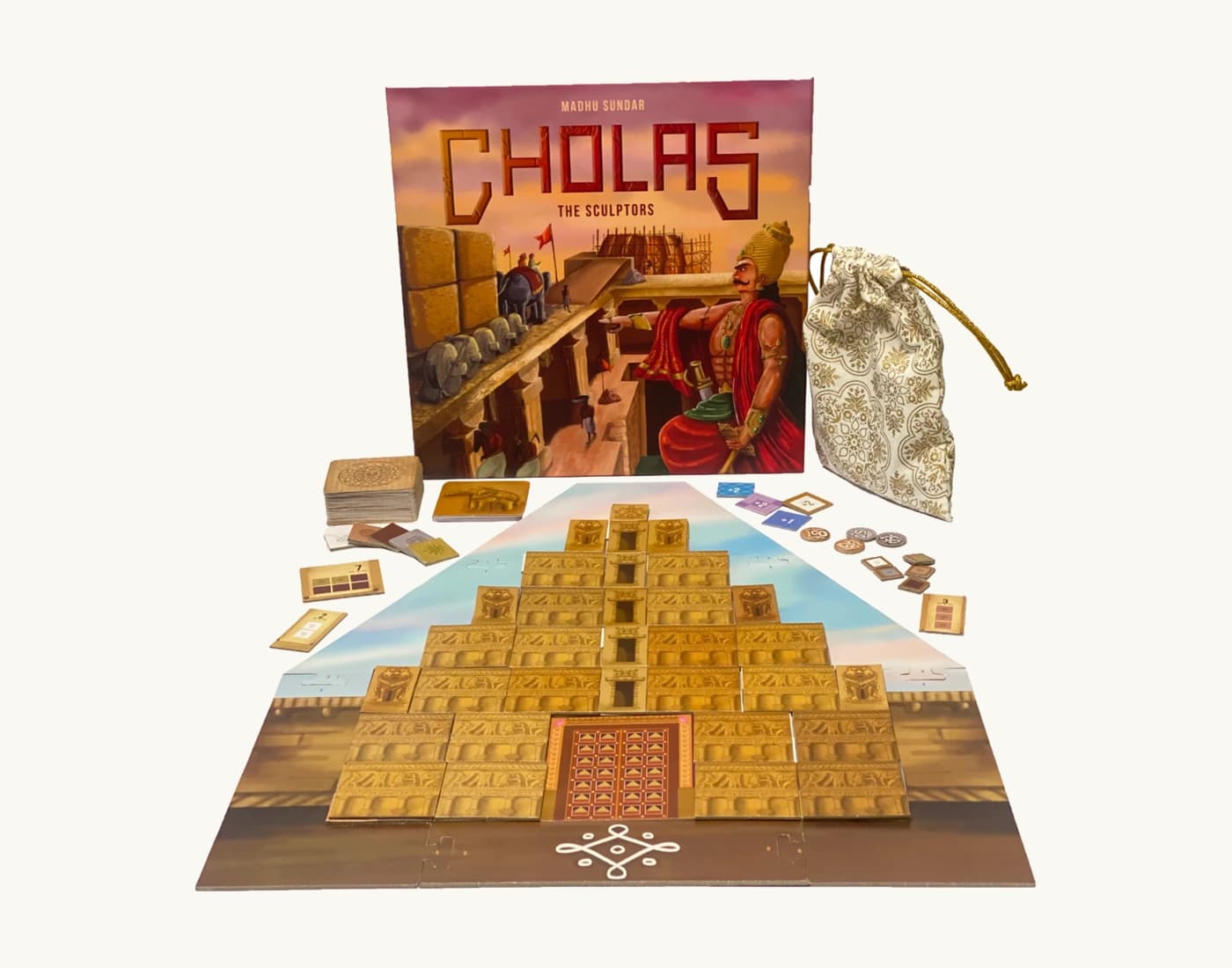 Cholas – The Sculptors complete board game setup with temple, box and components