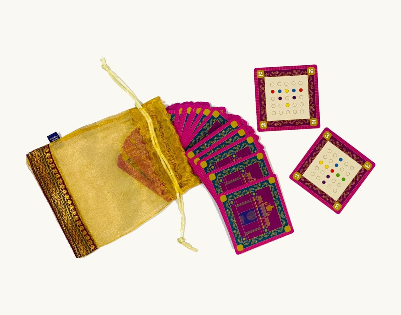 Ettana design cards displayed with the drawstring component bag